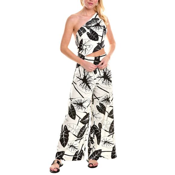 Farm Rio Graphic Leaves One Shoulder Linen-Blend Jumpsuit  Size M Cutout Waist - Picture 4 of 12